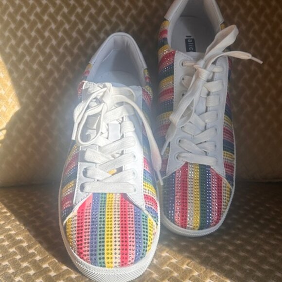 Alice and Olivia Cassidy Rainbow Stripe Sequin Leather Lace Up Sneakers Sneakers - Picture 16 of 16